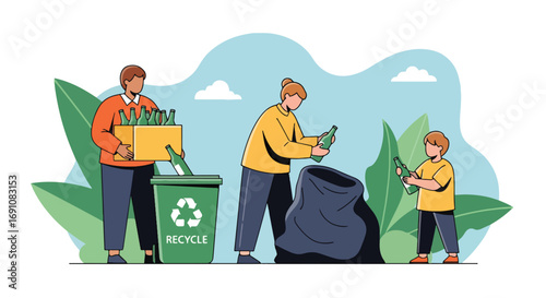 Flat illustration of a family recycling glass bottles into a green bin, symbolizing sustainability, eco-friendly habits, waste reduction, and community responsibility for a cleaner environment