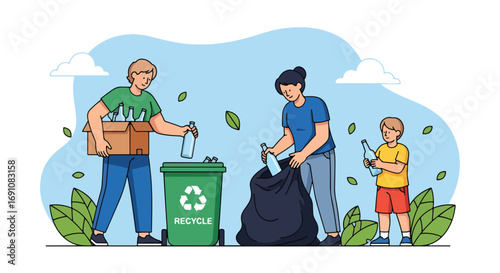 Flat illustration of a family recycling glass bottles into a green bin, symbolizing sustainability, eco-friendly habits, waste reduction, and community responsibility for a cleaner environment
