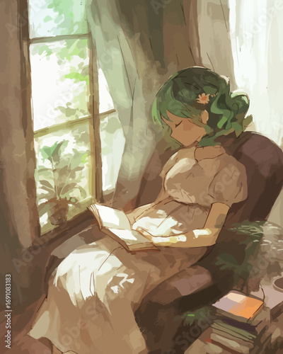 A tranquil digital art illustration featuring a young woman with green hair relaxing with a book, bathed in soft morning light from a window