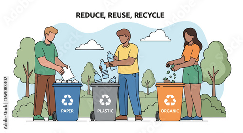Flat illustration of people sorting paper, plastic, and organic waste into recycling bins under the slogan “Reduce, Reuse, Recycle,” symbolizing sustainability, eco awareness, and environmental