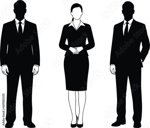 Silhouettes of Business Professionals in Formal Attire Standing Together, Ideal for Teamwork, Office, Gender Diversity, and Corporate Concept Themes