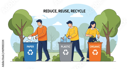 Flat illustration of people sorting paper, plastic, and organic waste into recycling bins under the slogan “Reduce, Reuse, Recycle,” symbolizing sustainability, eco awareness, and environmental