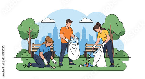 Flat illustration of people cleaning up litter in a city park with bags and tools, symbolizing community action, environmental care, and sustainability for a cleaner future