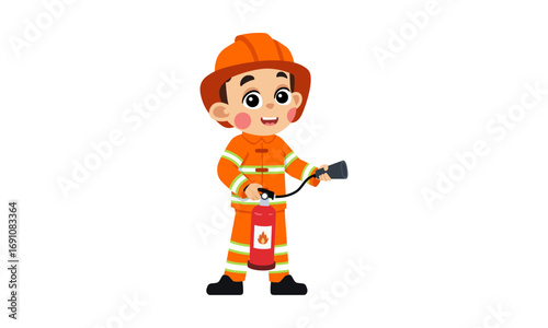 A cute cartoon boy dressed as a firefighter, wearing an orange uniform and helmet, holding a red fire extinguisher.