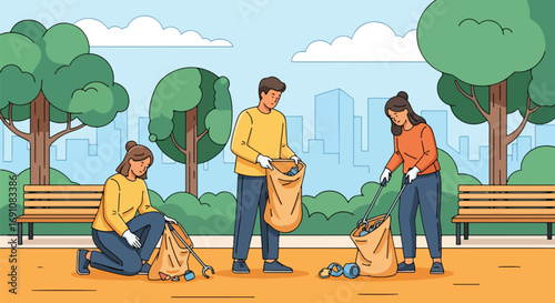 Flat illustration of people cleaning up litter in a city park with bags and tools, symbolizing community action, environmental care, and sustainability for a cleaner future