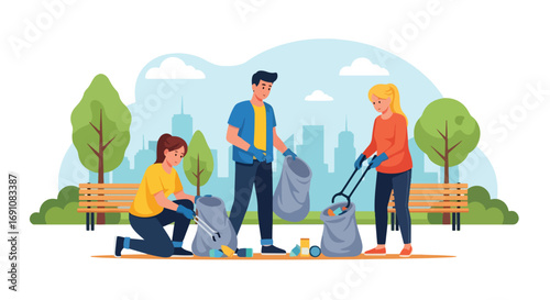 Flat illustration of people cleaning up litter in a city park with bags and tools, symbolizing community action, environmental care, and sustainability for a cleaner future