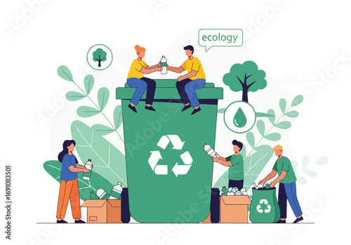 Flat illustration of people recycling plastic bottles into bins and boxes, symbolizing sustainability, ecology, waste management, and community action for a cleaner environment