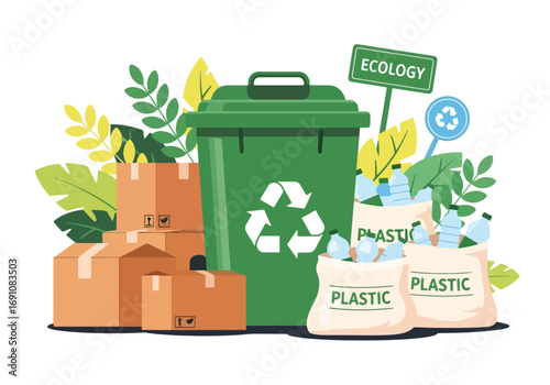 Flat illustration of recycling bins with plastic bottles and cardboard boxes, symbolizing waste management, sustainability, and eco-friendly practices for a cleaner environment
