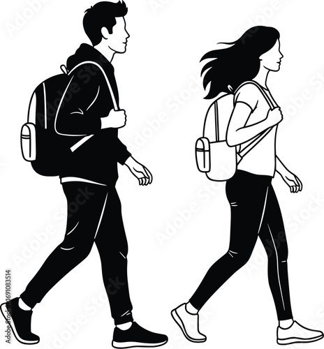 Silhouette of two students walking side by side with backpacks, casual clothing, symbolizing education, youth lifestyle, travel, and daily commuting