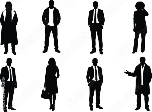 Silhouettes of Diverse Professionals in Business Attire and Poses, Ideal for Workplace, Branding, Fashion, and Career Concept Themes