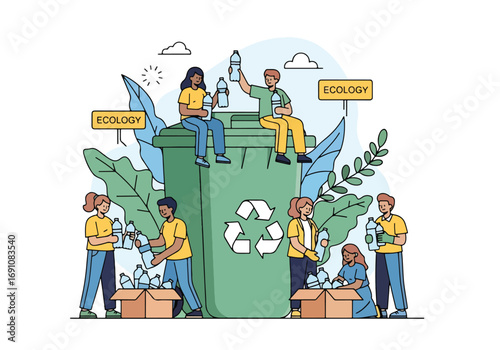 Flat illustration of people recycling plastic bottles into bins and boxes, symbolizing sustainability, ecology, waste management, and community action for a cleaner environment