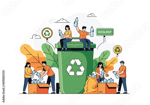 Flat illustration of people recycling plastic bottles into bins and boxes, symbolizing sustainability, ecology, waste management, and community action for a cleaner environment