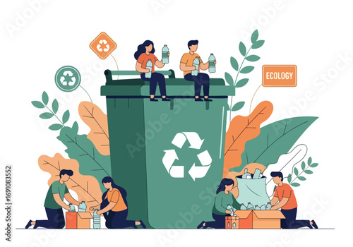 Flat illustration of people recycling plastic bottles into bins and boxes, symbolizing sustainability, ecology, waste management, and community action for a cleaner environment