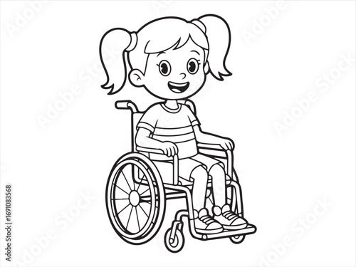 Line art of a happy girl sitting in a wheelchair, representing accessibility and inclusivity