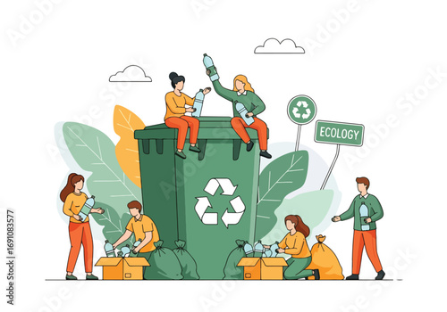 Flat illustration of people recycling plastic bottles into bins and boxes, symbolizing sustainability, ecology, waste management, and community action for a cleaner environment