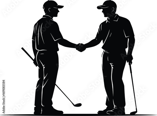 Silhouette of two golfers shaking hands with clubs, vector illustration for sportsmanship, golf etiquette, teamwork, and professional tournament concept design