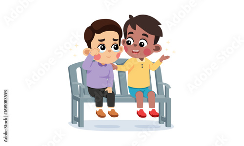 Illustration of two young boys sitting on a bench, one comforting the other.