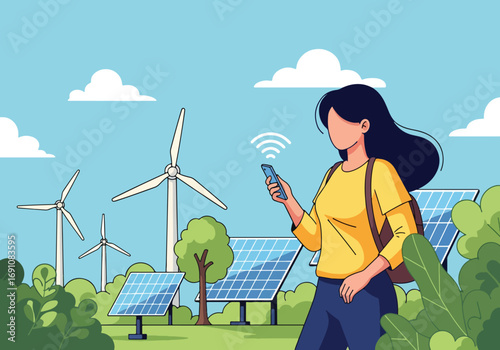 Flat illustration of a woman using a smartphone near solar panels and wind turbines, symbolizing renewable energy, sustainability, green technology, and eco-friendly living