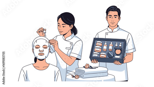 Young woman applying makeup to another young woman demonstrating beauty products and techniques for a cosmetic tutorial or lesson