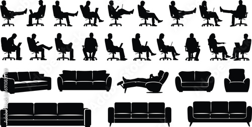 Silhouettes of People Sitting on Office Chairs and Couches in Varied Poses, Ideal for Ergonomics, Interior, and Lifestyle Concepts
