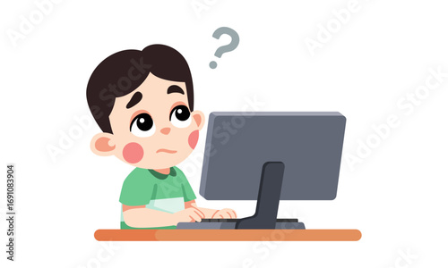 Confused cartoon boy with a question mark looking at a computer screen, illustrating challenges of e-learning, homework, or online problem-solving