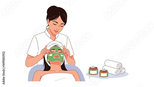 Skilled aesthetician applying facial treatment to a client while a male assistant holds a tray of beauty products and serums for skincare