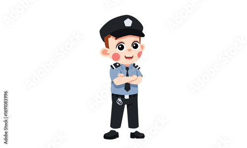 Cartoon illustration of a young police officer with arms crossed.