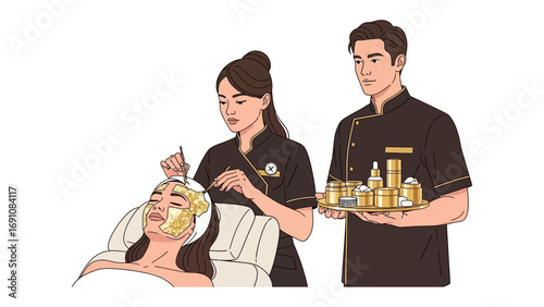 Three elegant women in vintage attire engaged in beauty rituals applying makeup and receiving spa treatments with a tray of products