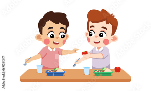 Cute vector illustration of two young boys eating lunch together, with one friend kindly sharing his food, showcasing friendship and generosity