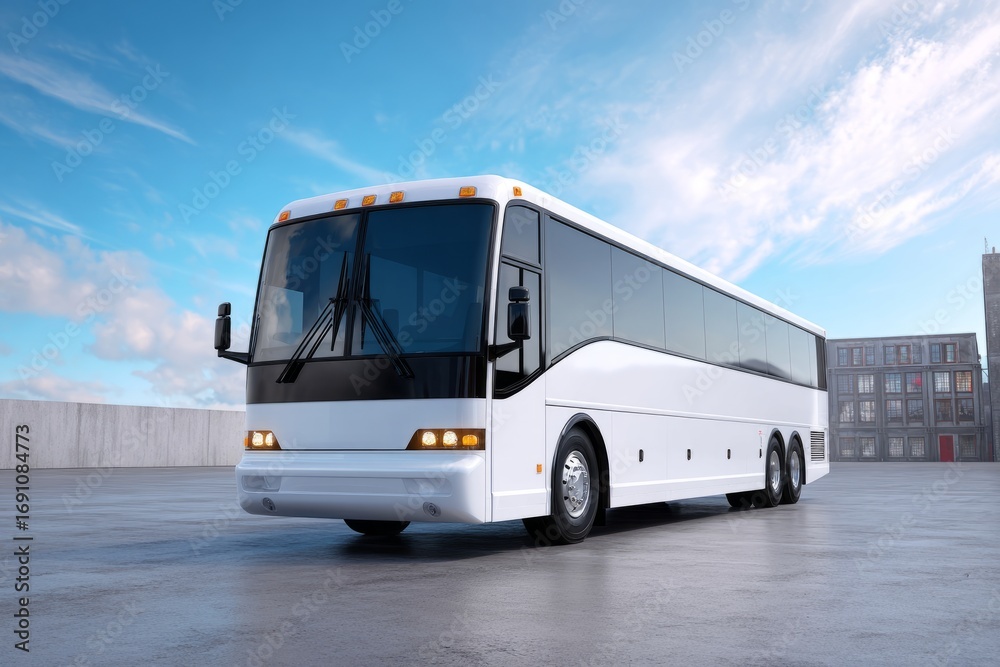 Naklejka premium Modern white tour bus parked on a concrete lot against a clear blue sky, symbolizing charter travel and public transportation