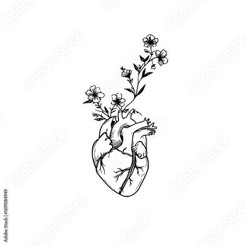Anatomical heart with flowers drawing vector illustration love and growth concept floral heart design art