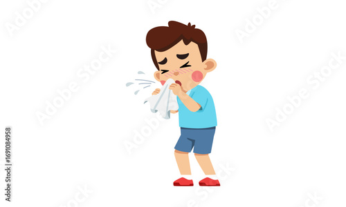 A boy with a runny nose blowing his nose into a tissue, illustration.