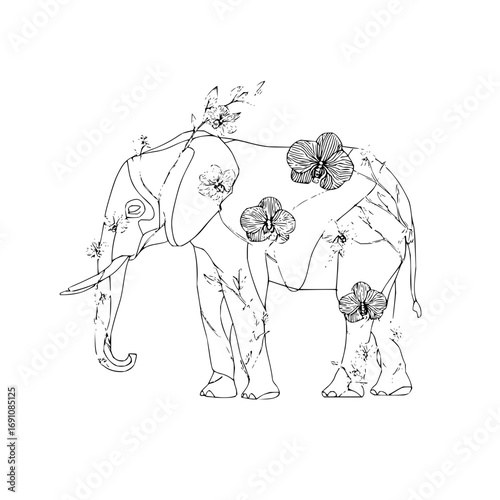 Elephant line art with floral design, animal illustration, nature inspired art, black and white drawing, outline
