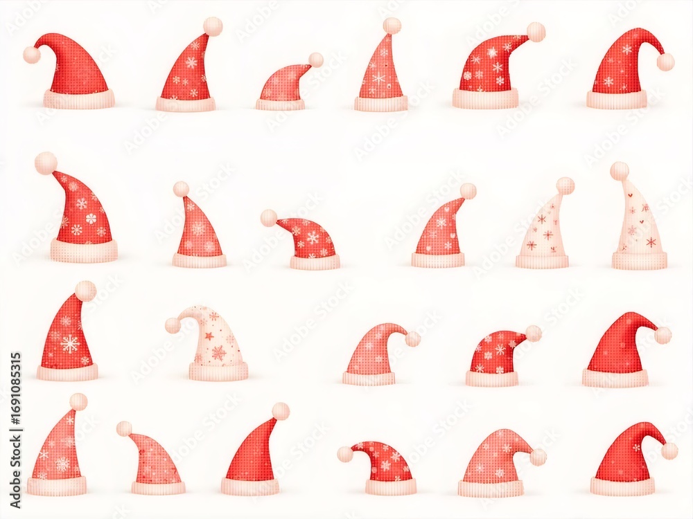 Fototapeta premium Collection of Red and White Santa Hats with Various Designs on White Background