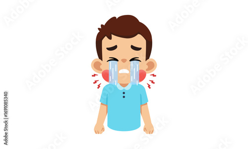 Cartoon of a crying boy with red cheeks and a blue shirt.