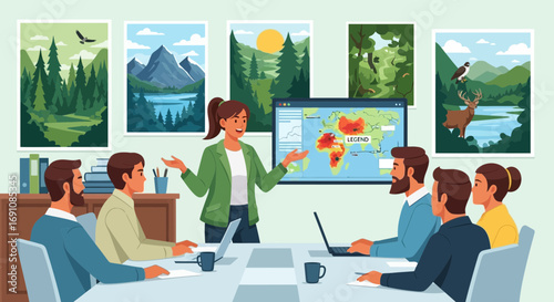 Business presentation on global warming impact with illustrations and data analysis
