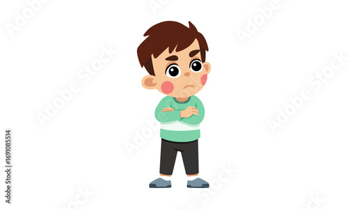 Upset little boy with a grumpy expression and crossed arms, feeling angry and resentful. Isolated cartoon character illustration showing childish tantrum and dissatisfaction