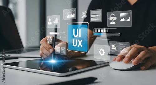 Image of super premium photo of person interacting with a digital interface displaying ui and ux elements on a tablet and computer screen, modern technology concept