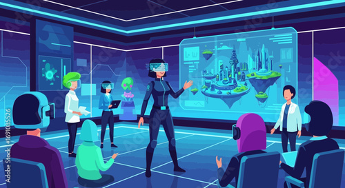 Virtual reality presentation showcasing futuristic city landscape to diverse audience