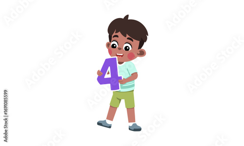 Smiling cartoon child holding the numeral four, a cheerful vector illustration symbolizing "the joy of learning and early numeracy skills"