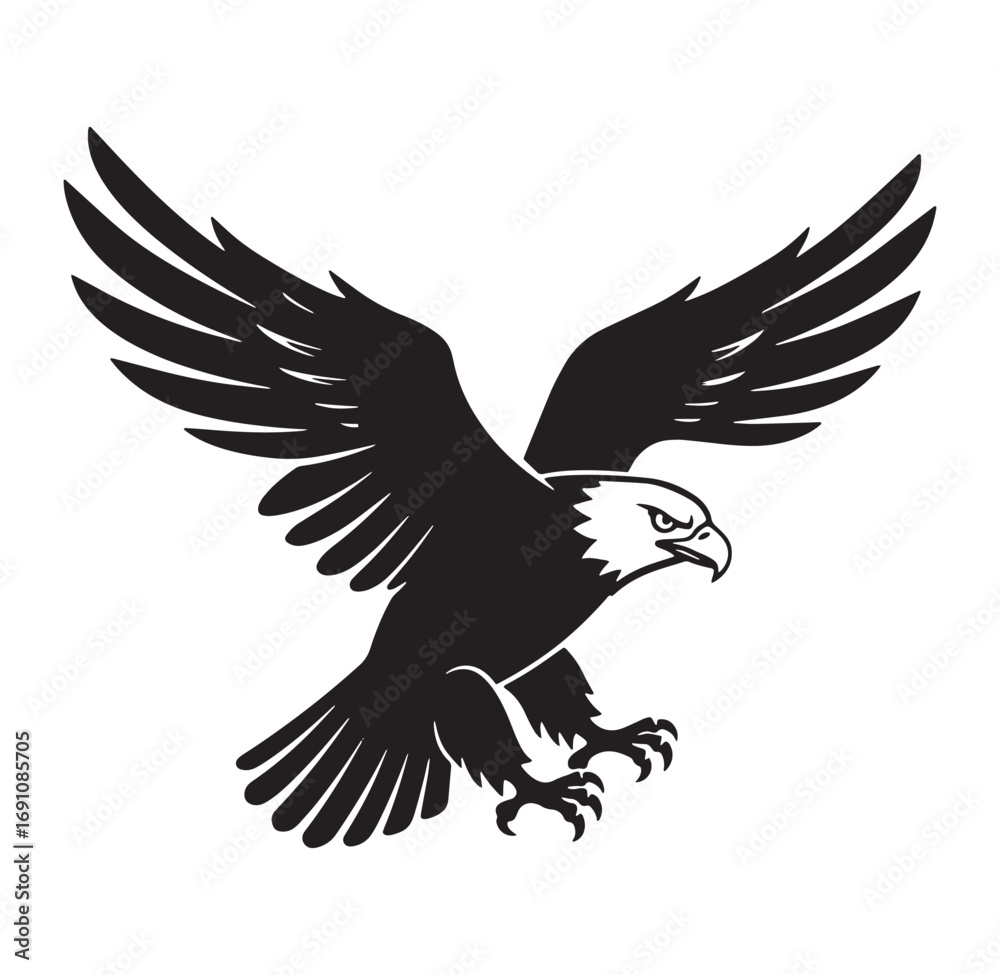 Obraz premium Bold black and white eagle silhouette flying with open wings on a white background