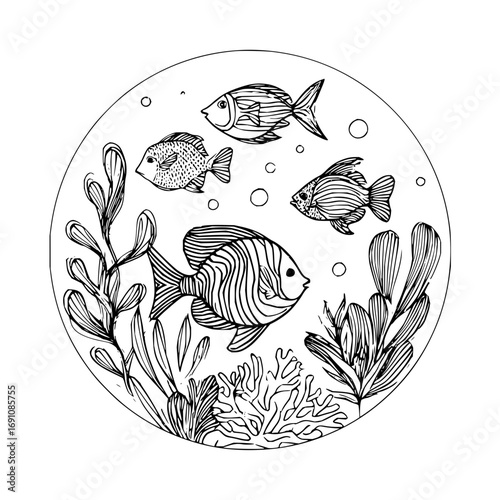 Black and white fish drawing ocean life illustration sea creatures underwater world coloring page for kids art
