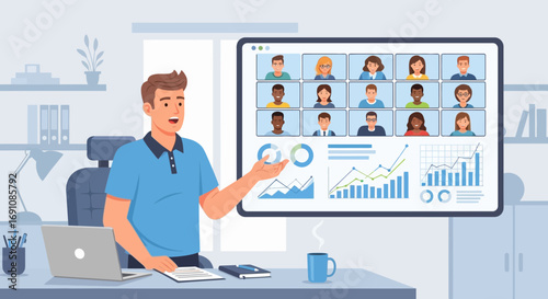Man presents data in online video conference call on big screen with charts and graphs