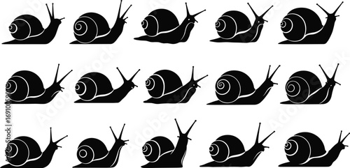 Stylized black and white snail vector set with multiple shell variations for nature, wildlife, garden, and biological illustration design projects