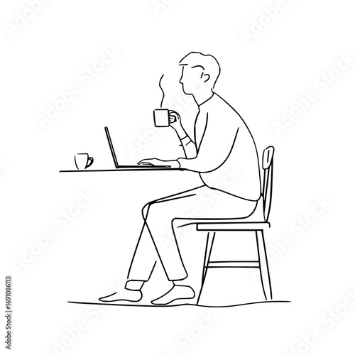 Man working on laptop with coffee sketch line art freelance remote work from home vector illustration design