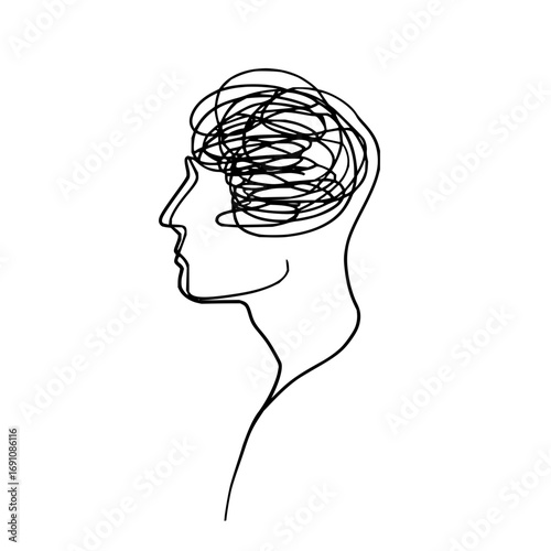 Mental health concept art: continuous line drawing of head with tangled mind representing stress and anxiety issues