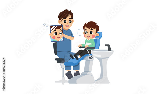 A dentist shows a young boy a mirror reflecting his smiling face after a dental check-up.