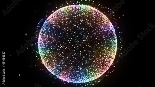 Colorful abstract sphere made of vibrant particles, floating in a dark space, evoking a sense of wonder