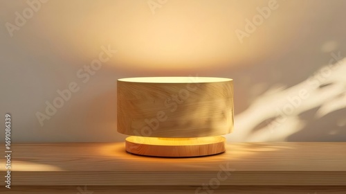 木製円筒形ランプ ライトブラウンの木製テーブルランプとコンクリートの背景 温かい光が上と下から差し込む