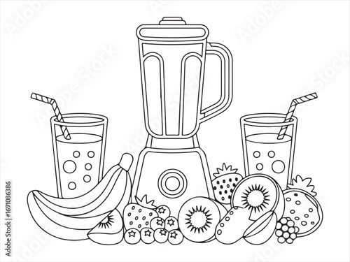 A black and white line art illustration of a blender surrounded by fresh fruits like bananas, strawberries, and kiwi, with two glasses of smoothie, ideal for health, wellness, or food-related content.
